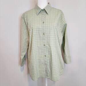 EDDIE BAUER Women's XL Light Green Check Button Down Shirt 3/4 Sleeve